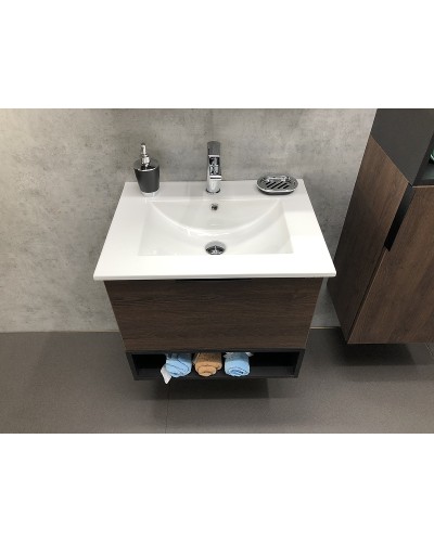 Тумба с раковиной Comforty Франкфурт 60 00004150530 подвесная Дуб шоколадно-коричневый Черная матовая