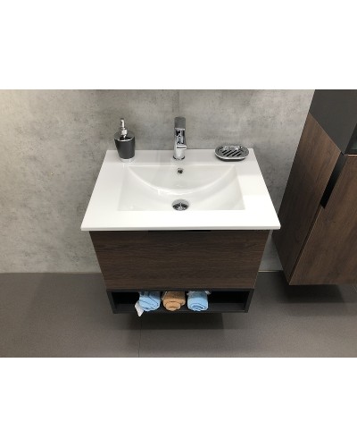 Тумба с раковиной Comforty Франкфурт 60 00004150530 подвесная Дуб шоколадно-коричневый Черная матовая