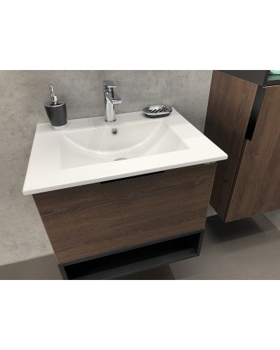 Тумба с раковиной Comforty Франкфурт 60 00004150530 подвесная Дуб шоколадно-коричневый Черная матовая