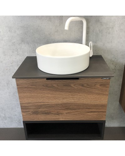 Тумба с раковиной Comforty Штутгарт 60 00-00001698 подвесная Дуб темно-коричневый Черная столешница