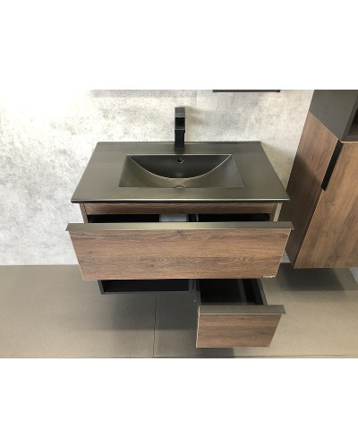 Тумба с раковиной Comforty Франкфурт 75 00-00000889 подвесная Дуб шоколадно-коричневый Черная матовая