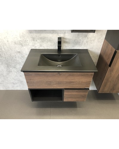 Тумба с раковиной Comforty Франкфурт 75 00-00000889 подвесная Дуб шоколадно-коричневый Черная матовая