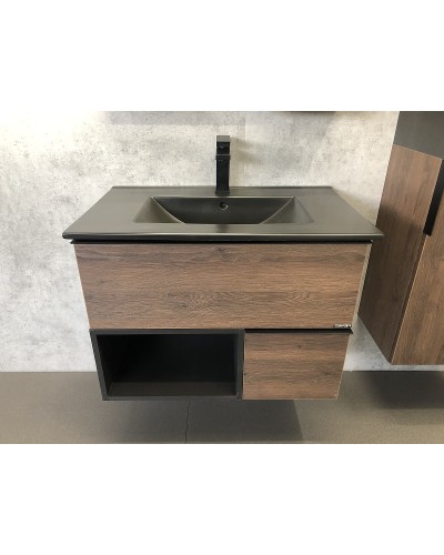 Тумба с раковиной Comforty Франкфурт 75 00-00000889 подвесная Дуб шоколадно-коричневый Черная матовая