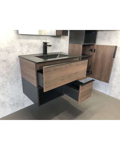 Тумба с раковиной Comforty Франкфурт 75 00-00000889 подвесная Дуб шоколадно-коричневый Черная матовая