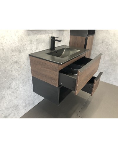 Тумба с раковиной Comforty Франкфурт 75 00-00000889 подвесная Дуб шоколадно-коричневый Черная матовая