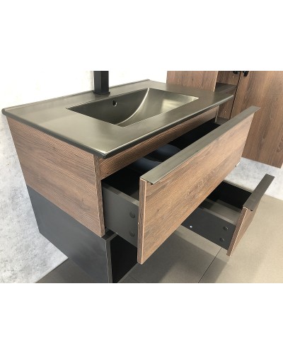 Тумба с раковиной Comforty Франкфурт 75 00-00000889 подвесная Дуб шоколадно-коричневый Черная матовая