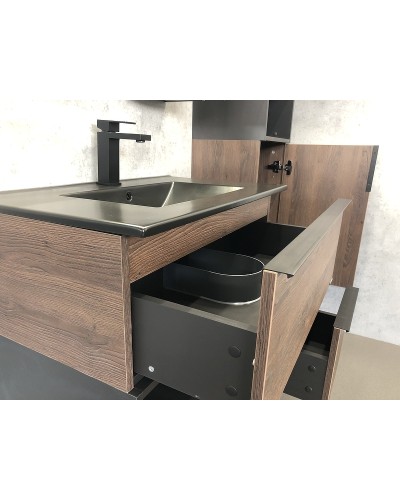 Тумба с раковиной Comforty Франкфурт 75 00-00000889 подвесная Дуб шоколадно-коричневый Черная матовая