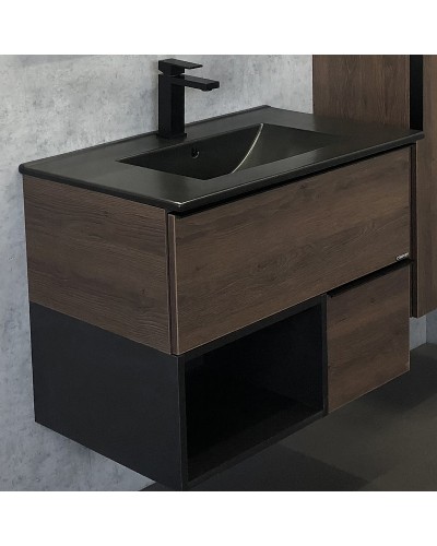 Тумба с раковиной Comforty Франкфурт 75 00-00000889 подвесная Дуб шоколадно-коричневый Черная матовая