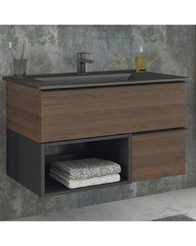 Тумба с раковиной Comforty Франкфурт 90 00-00002048 подвесная Дуб шоколадно-коричневый Черная матовая