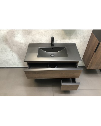 Тумба с раковиной Comforty Франкфурт 90 00-00002048 подвесная Дуб шоколадно-коричневый Черная матовая