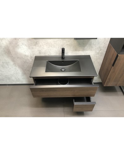 Тумба с раковиной Comforty Франкфурт 90 00-00002048 подвесная Дуб шоколадно-коричневый Черная матовая