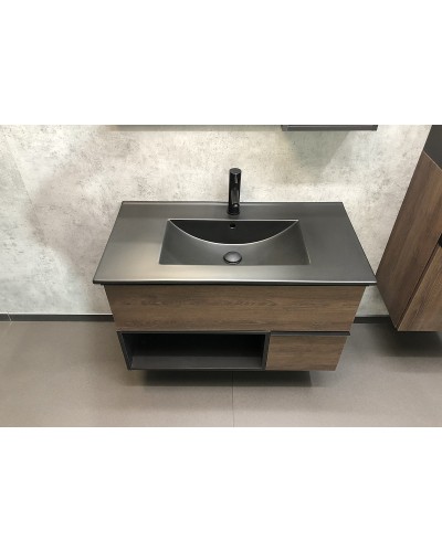 Тумба с раковиной Comforty Франкфурт 90 00-00002048 подвесная Дуб шоколадно-коричневый Черная матовая