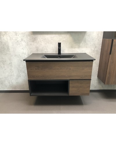 Тумба с раковиной Comforty Франкфурт 90 00-00002048 подвесная Дуб шоколадно-коричневый Черная матовая
