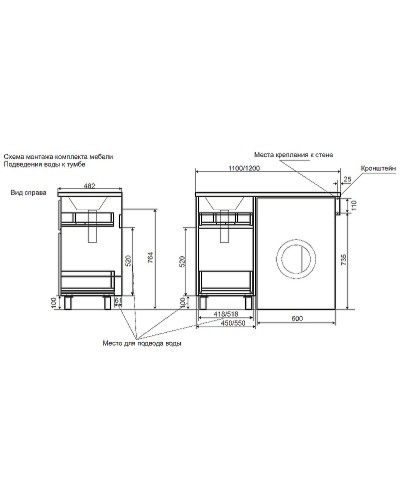 Тумба с раковиной Creto Cafor 110 R 19-W110R Белый глянец
