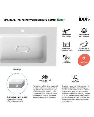 Тумба с раковиной Iddis Esper 60 ESP60W0i95K подвесная Белая