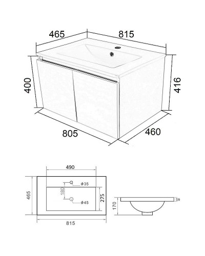 Тумба с раковиной Orange Квадро 80 KV-80TUW+Ra подвесная Белый глянец
