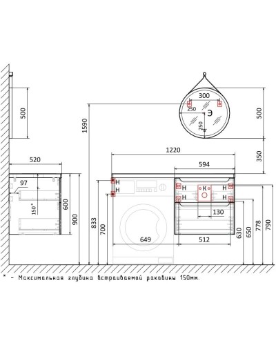 Тумба с раковиной белый глянец 122 см Jorno Wood Wood.01.60/P/W + Wood.06.122/DW + Mol.08.65/W + Bra.05.461/R/W