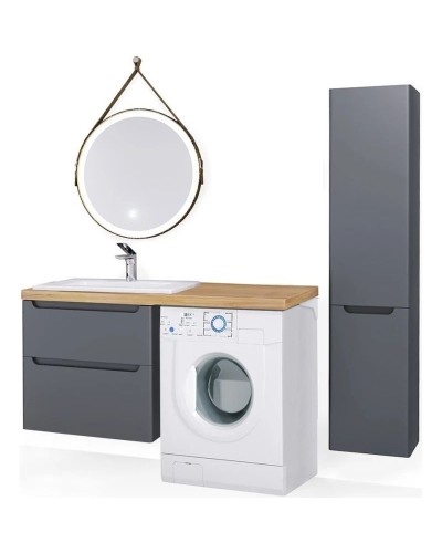 Тумба с раковиной серый матовый 122 см Jorno Wood Wood.01.60/P/GR + Wood.06.122/LW + Mol.08.65/W + Bra.05.461/R/W