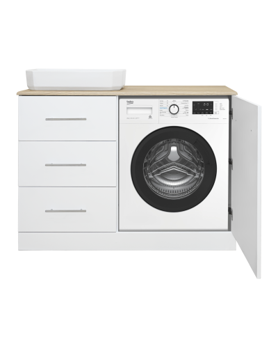 Респект -110 Тумба с 3 ящ. под стиральную машину левая (белая ПВХ/Дуб Тиссано) / раковина