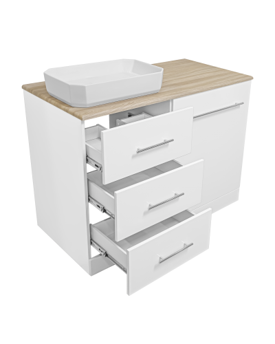 Респект -110 Тумба с 3 ящ. под стиральную машину левая (белая ПВХ/Дуб Тиссано) / раковина