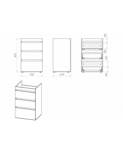 Фостер - 55 Тумба напольная 3 ящ. под стиральную машину, белая / раковина правая