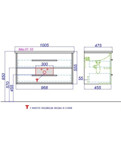 Тумба с раковиной дуб сонома/белый глянец 97,2 см Aqwella 5 Stars Miami Mai.01.10 + Mal.10.04.D