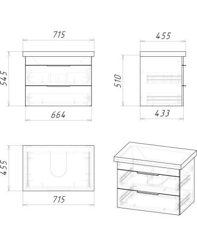 Тумба с раковиной темный дуб 71 см Grossman Форта 1070032 + 15840