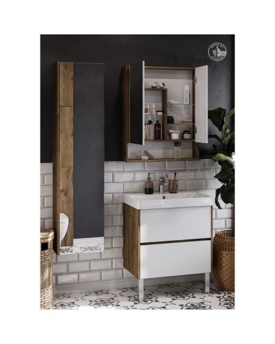 Зеркальный шкаф 70х85 см белый глянец/дуб рустикальный Акватон Сканди 1A252202SDZ90