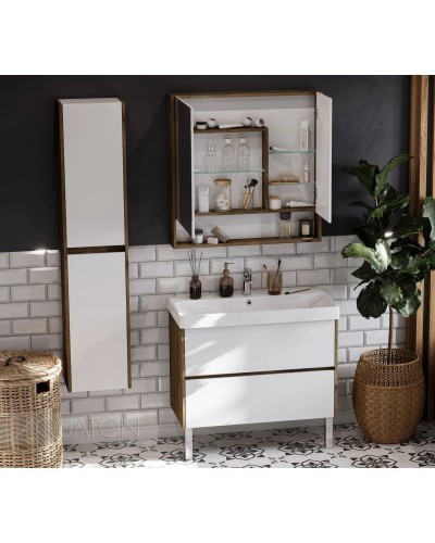 Зеркальный шкаф 85х85 см белый глянец/дуб рустикальный Акватон Сканди 1A252302SDZ90