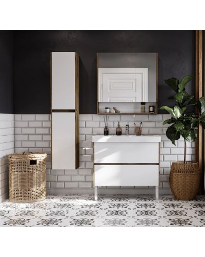 Зеркальный шкаф 85х85 см белый глянец/дуб рустикальный Акватон Сканди 1A252302SDZ90