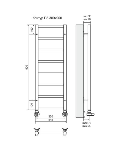 Водяной полотенцесушитель Terminus Контур П8 300х900 4660059582443 Хром