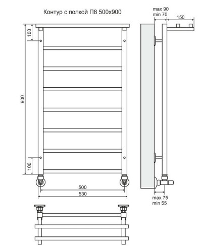 Водяной полотенцесушитель Terminus Контур П8 500х900 4660059582498 Хром