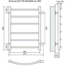 Водяной полотенцесушитель Terminus Классик П6 500x696 4670030726254 Хром с боковым подключением