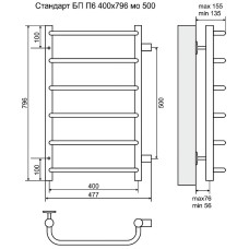 Водяной полотенцесушитель Terminus Стандарт П6 400x796 4670030725318 Хром с боковым подключением