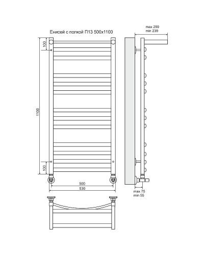 Водяной полотенцесушитель Terminus Енисей плюс П13 500x1100 4620768886713 с полкой Хром