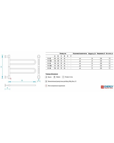 Электрический полотенцесушитель Energy U G4 940х635 EETR00UG40000000000 Хром