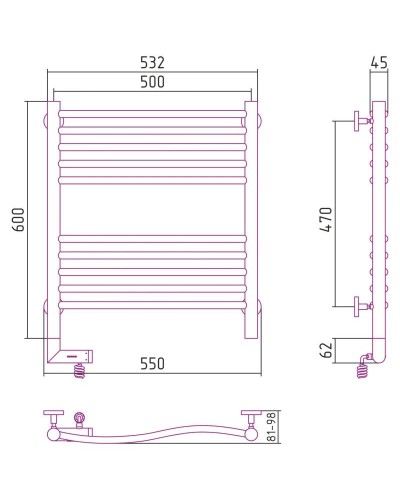 Полотенцесушитель электрический 600х500 золотой МЭМ правый Сунержа Флюид 2.0 03-5221-6050