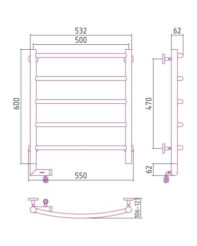 Полотенцесушитель электрический 600х500 темный титан муар МЭМ левый Сунержа Галант 2.0 15-5200-6050