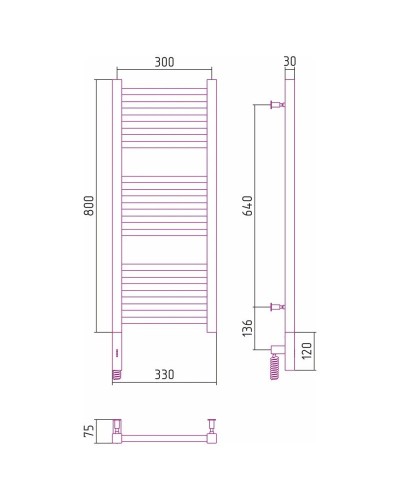Полотенцесушитель электрический 800х300 черный матовый МЭМ левый Сунержа Модус 3.0 31-5700-8030
