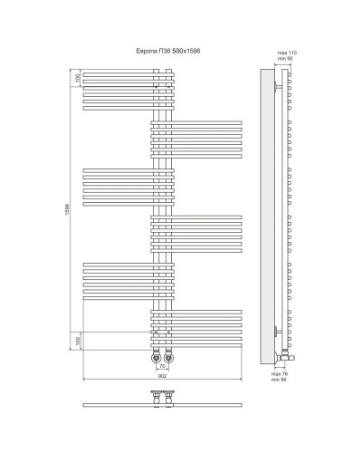 Полотенцесушитель водяной 1596x902 мм подключение нижнее Terminus Европа П36