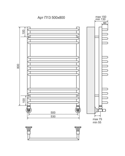 Полотенцесушитель водяной 800х530 подключение нижнее Terminus Арт П13