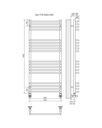 Полотенцесушитель водяной 1200х530 подключение нижнее Terminus Арт П18
