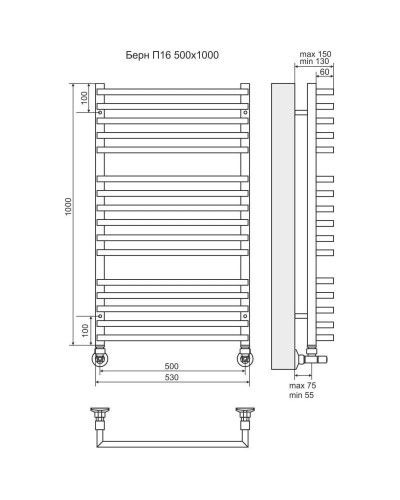 Полотенцесушитель водяной 1000х530 подключение нижнее Terminus Берн П16