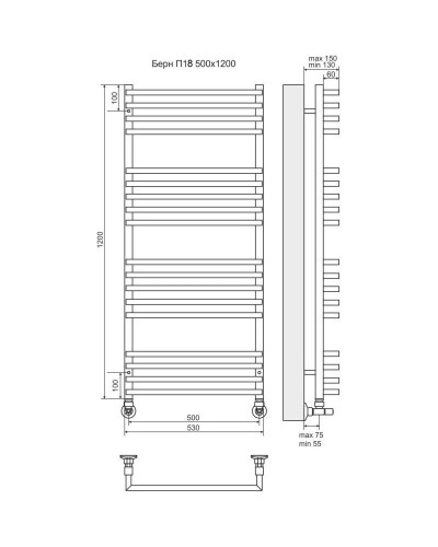 Полотенцесушитель водяной 1200х530 подключение нижнее Terminus Берн П18