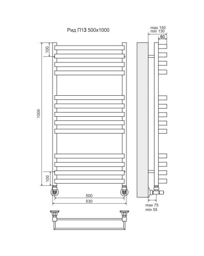 Полотенцесушитель водяной 1000х530 подключение нижнее Terminus Рид П13