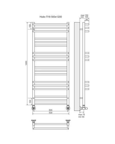 Полотенцесушитель водяной 1200х530 подключение нижнее Terminus Нойс П18
