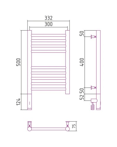 Полотенцесушитель электрический 500х300 темный титан муар МЭМ левый, перемычка прямая Сунержа Богема 3.0 15-5804-5030