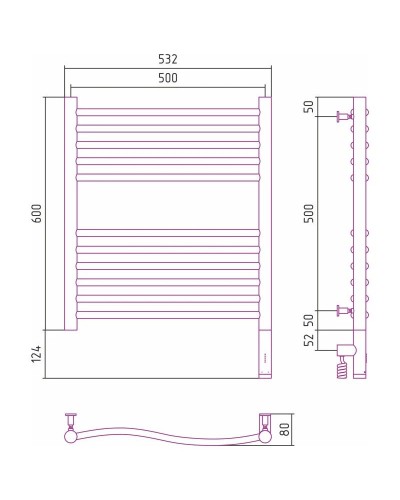 Полотенцесушитель электрический 600х500 сатин МЭМ правый Сунержа Флюид 3.0 071-5821-6050