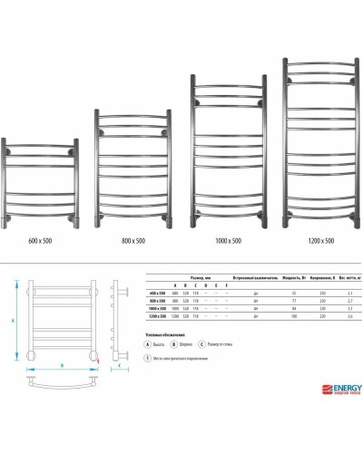 Полотенцесушитель электрический 800x500 Energy Ergo EETR0ERGO08050R905M