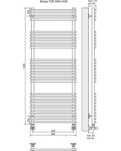Водяной полотенцесушитель Terminus Ватра П28 500x1426 4620768886614 Хром